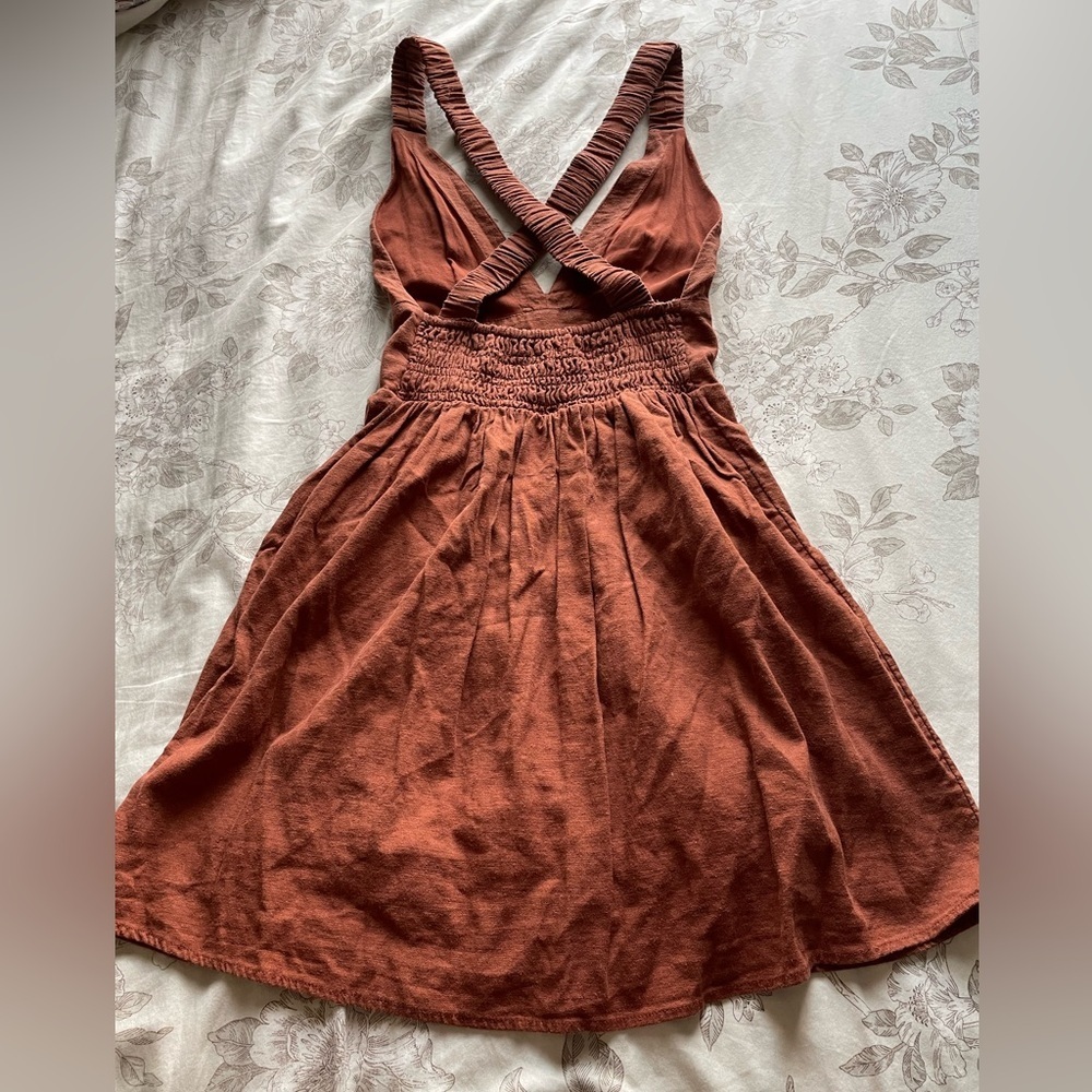 Abercrombie Chestnut Brown Linen Blend Romper Dress XS Tall Minimalist Classic - Picture 2 of 8